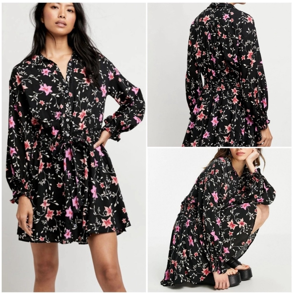 Free People | Black & Pink Floral Flowy Long Sleeve Dress